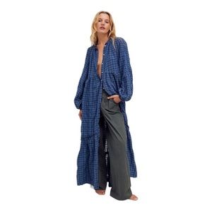 Free People The Edie Duster Plaid Button Maxi Dress Size S